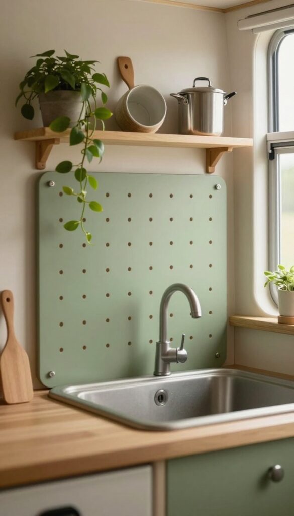 Caravan kitchen pegboard with pots and utensils above sink, soft sage green, cozy natural light