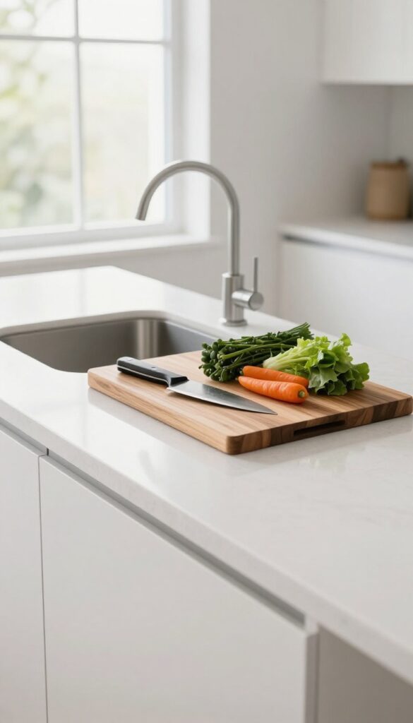 Kitchen island with undermount sink covered by a walnut cutting board, fresh vegetables and knife on top, bright natural light.