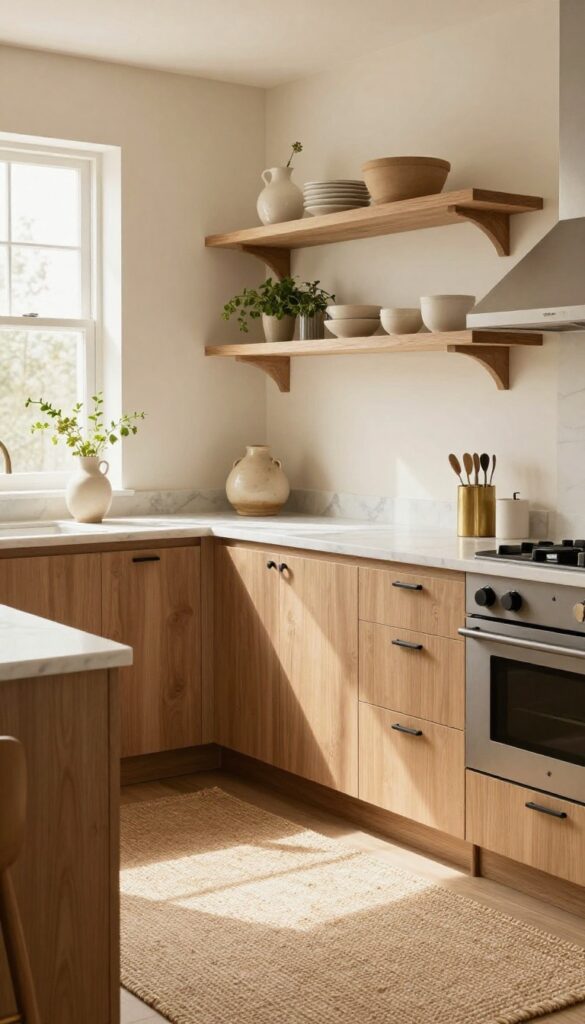 Warm beige kitchen with natural wood shelves, jute rug, and sunlight streaming in