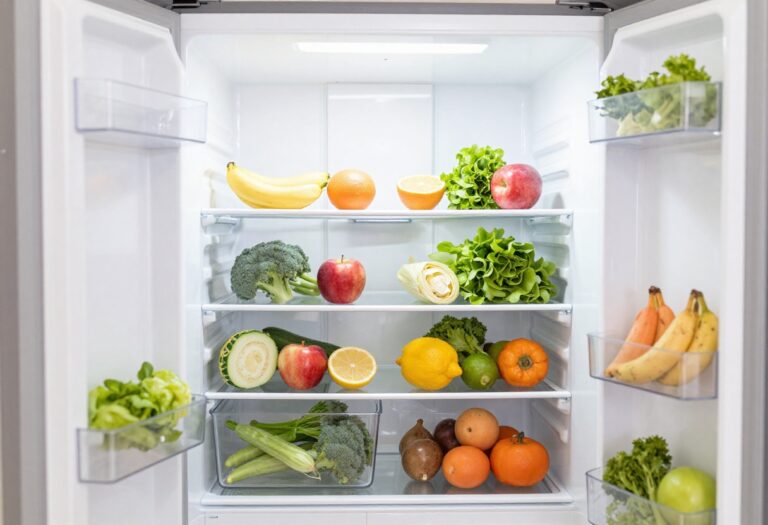 Clean organized refrigerator interior with fresh vegetables and labeled containers