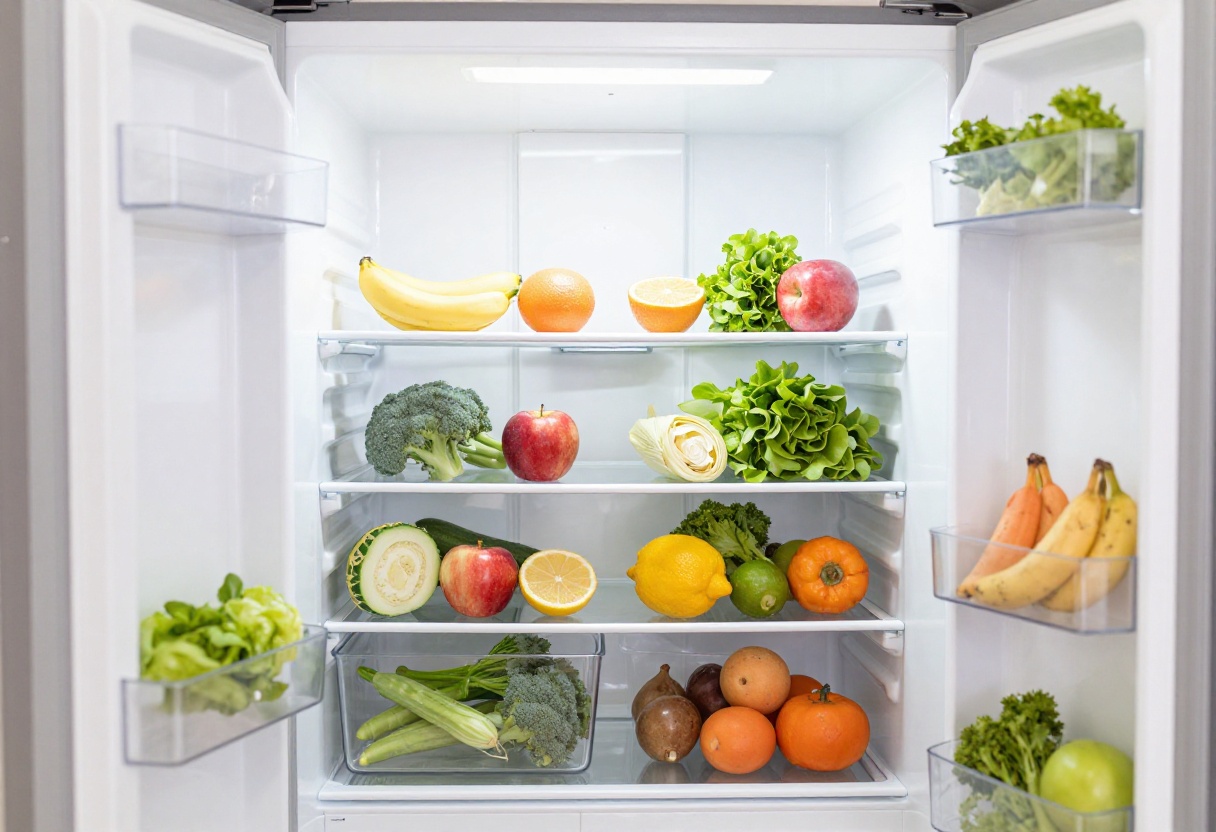 Clean organized refrigerator interior with fresh vegetables and labeled containers