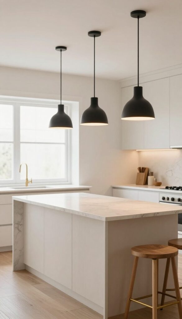 Three black pendant lights hanging over a kitchen island with warm glow, light countertops, and cozy modern kitchen decor