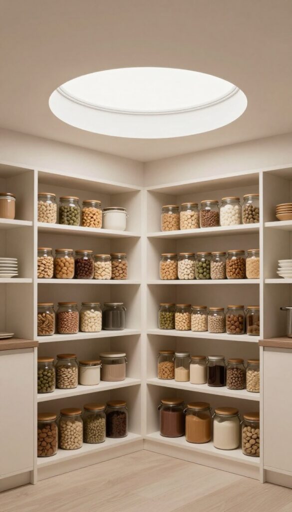 Bright kitchen pantry with skylight tunnel providing natural light