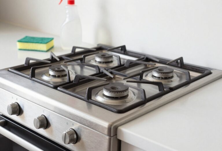 Clean stainless steel gas stove with sparkling cooktop and cleaning supplies