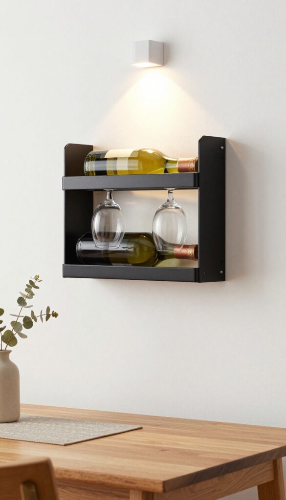 Wall-mounted wine rack with glass holders above a kitchen table, illuminated by warm LED light