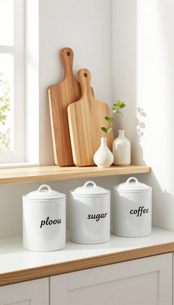 Three white ceramic canisters, three wooden cutting boards, and three small vases with stems grouped on an open kitchen shelf in natural light