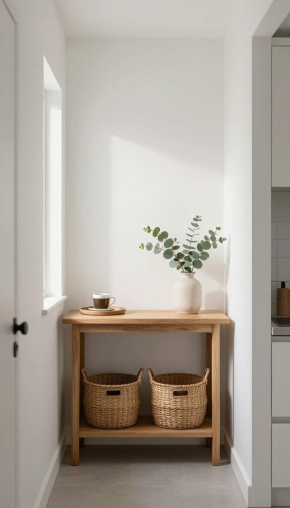 Narrow hallway kitchen with a slim console table featuring a coffee tray and eucalyptus, woven baskets underneath, bright natural light.