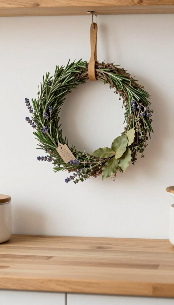 A dried herb wreath on a kitchen wall with recipe cards tucked into the stems and a wooden spoon hanging from it, natural light, rustic decor.