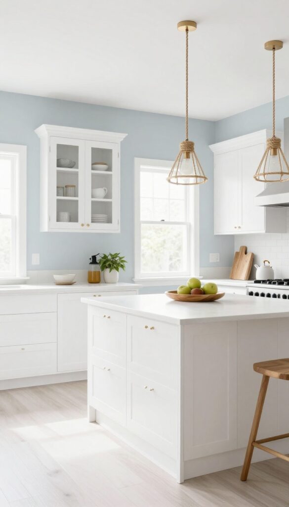 Light and airy coastal kitchen with blue-gray walls, white cabinets, rope pendants, and driftwood centerpiece