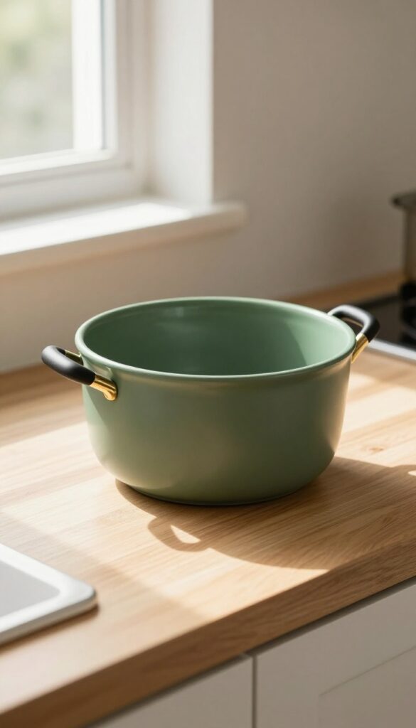 Green ceramic crock filled with gold-accented kitchen utensils on a light wood countertop in natural light.