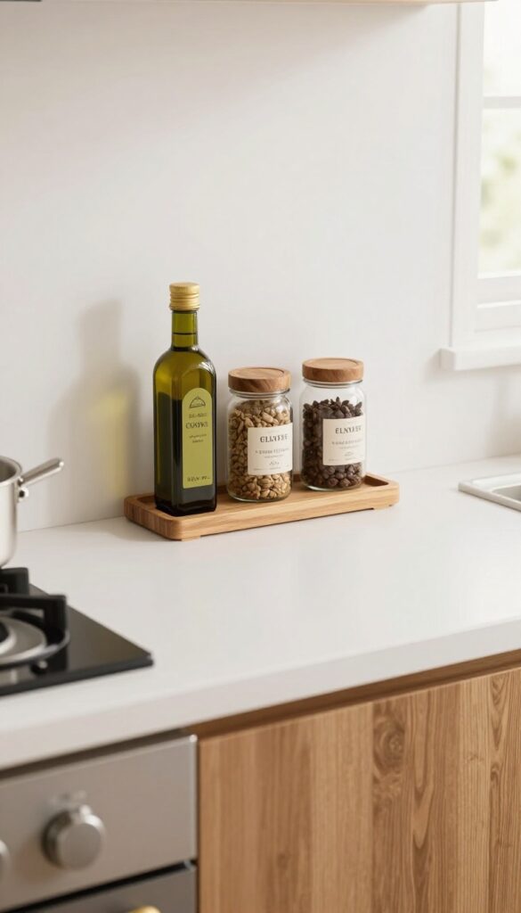 Tiered stand with oils and spices on a kitchen counter near the stove