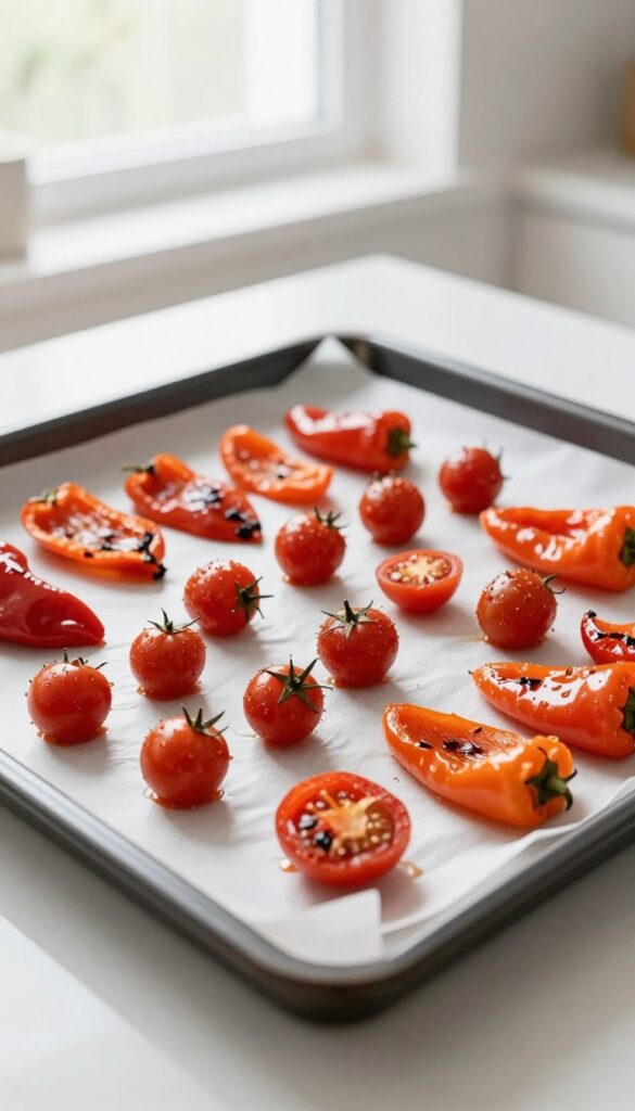 Baking sheet lined with parchment paper, roasted vegetables on top, clean kitchen background
