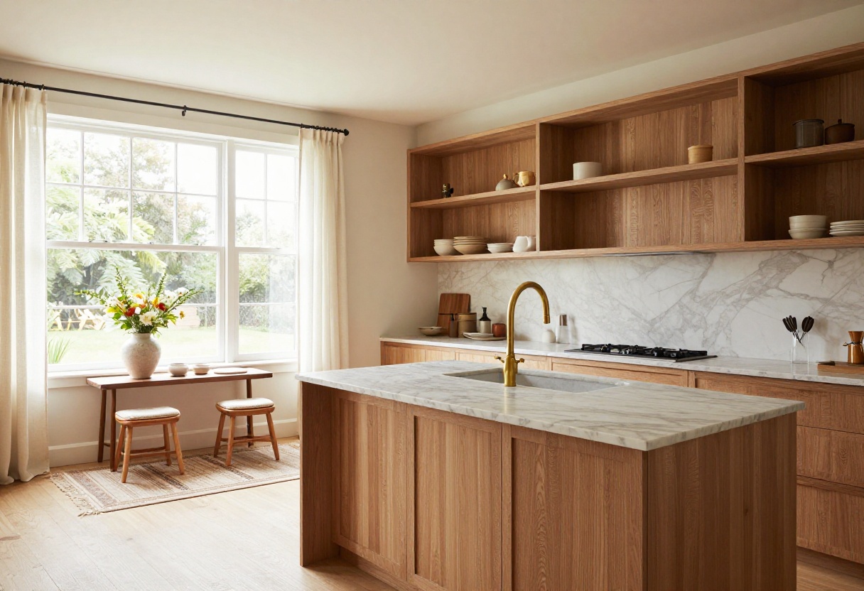 Elegant kitchen with warm wood accents, marble countertops, and soft natural lighting