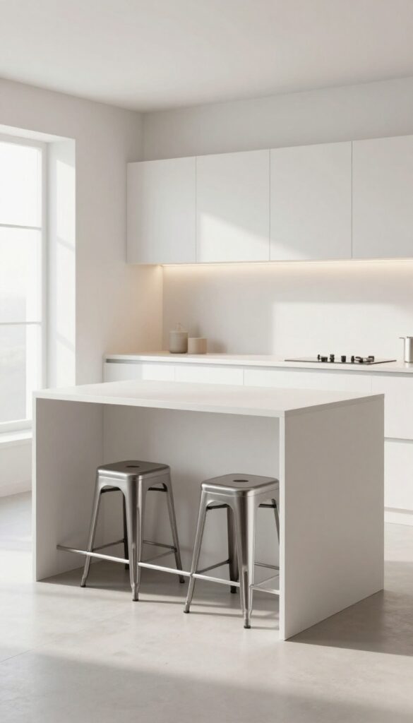 Small kitchen island with lower shelf and stools tucked underneath, modern and clean design