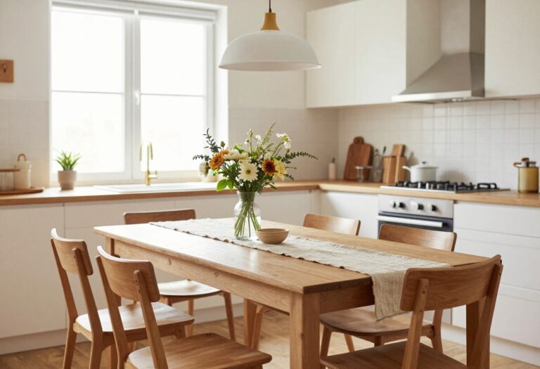 Cozy kitchen dining table set for a family meal with linen runner, flowers, and mismatched chairs in natural light.