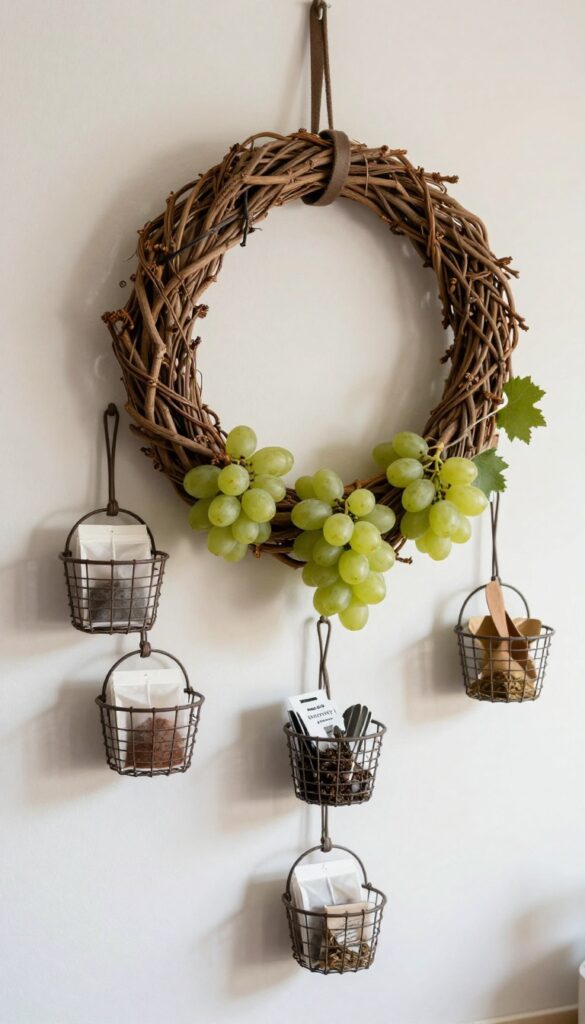 Tiered grapevine wreath with small wire baskets holding kitchen essentials, hanging on a wall near a coffee station