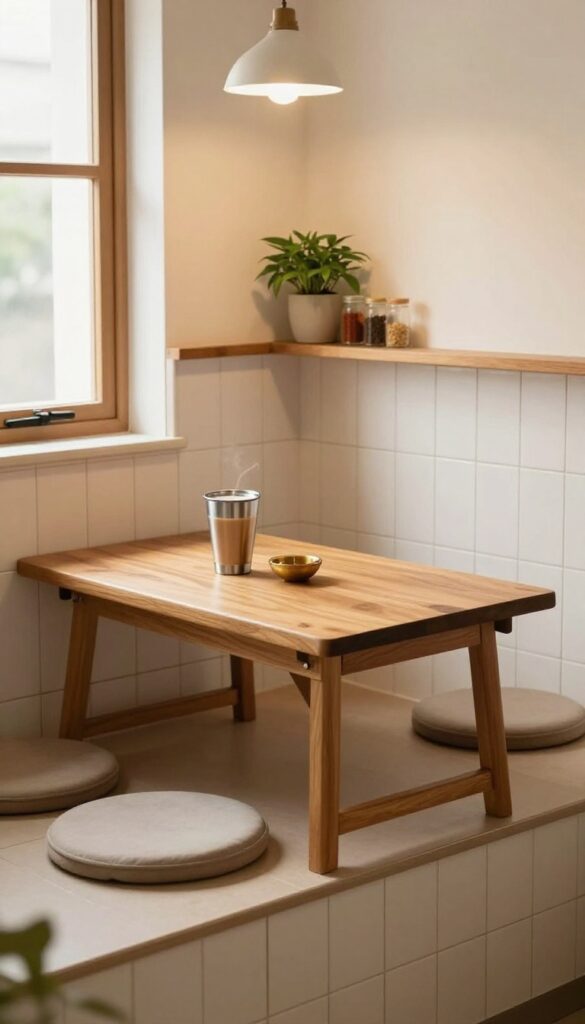 Compact kitchen breakfast nook with fold-down table and stools in a small Indian home