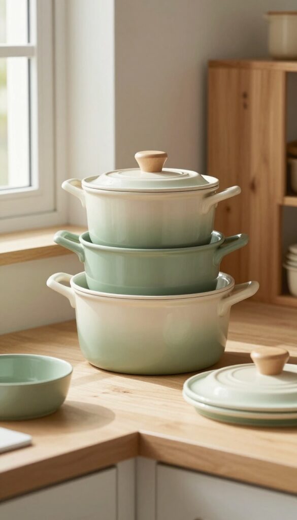 Stackable nesting cookware in sage green and cream on a camper kitchen countertop, neatly organized and bathed in soft natural light