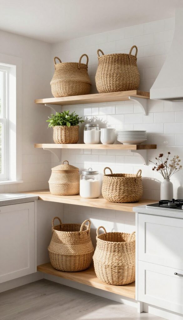 Open shelving with woven baskets in a modern farmhouse kitchen