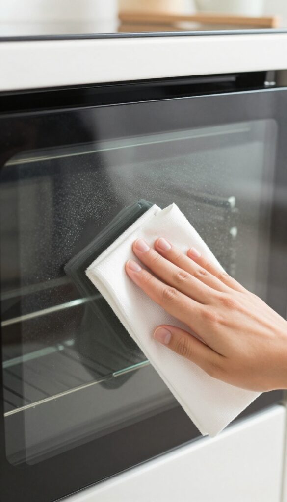 Hand applying cream of tartar paste to oven glass door