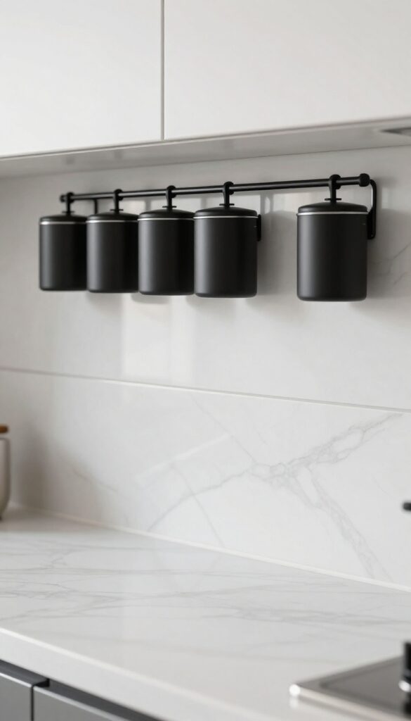 Marble backsplash with magnetic spice rack holding black tins above cooktop