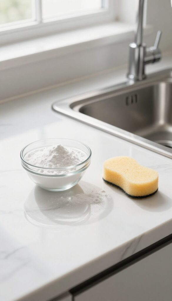 Baking soda on a kitchen counter with a sponge and clean sink