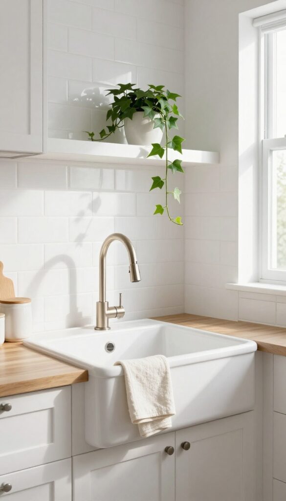 A light and airy white kitchen with farmhouse sink, subway tile, and trailing ivy plant