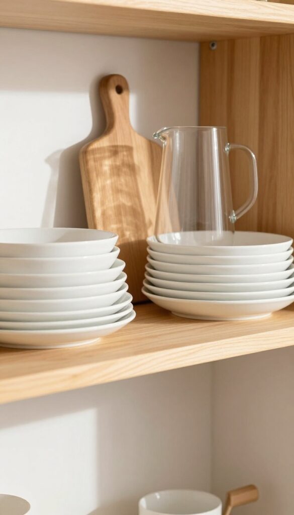 A wooden cutting board leaning against the back of a kitchen shelf, surrounded by white plates and a glass pitcher, in natural light.