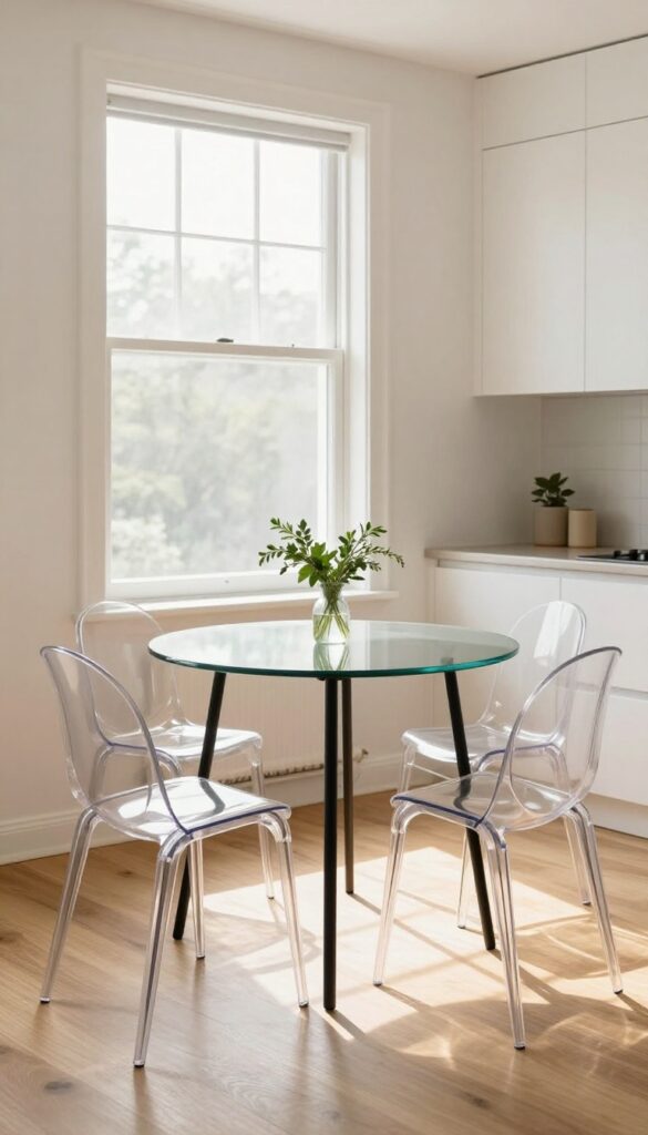 A glass-top table with acrylic chairs in a sunlit bay window kitchen nook, creating an open and airy look.