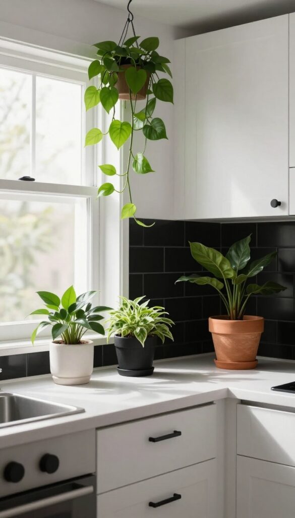 Modern black and white kitchen with greenery, including a fiddle leaf fig, trailing pothos, and small potted plants on the counter, creating a warm and layered look.