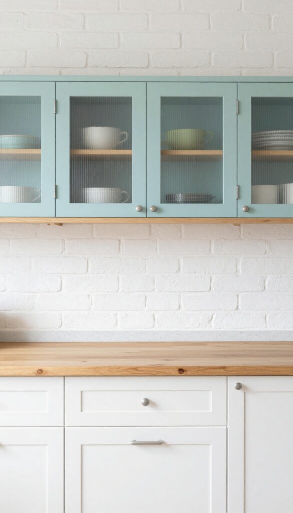Whitewashed brick kitchen with coastal cottage style, soft natural light, pale blue and sage green accents, warm white cabinets, and natural wood shelving.