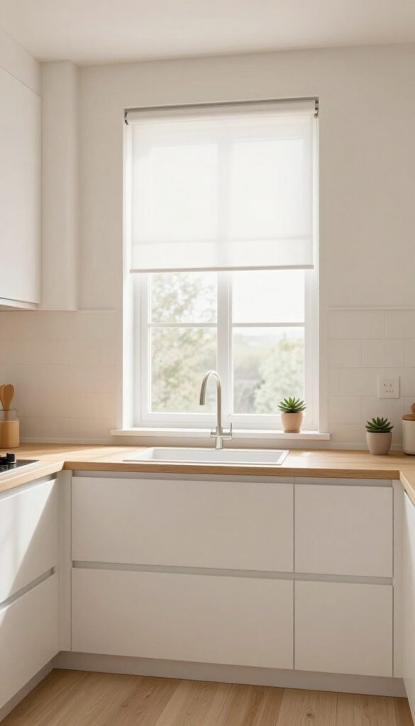 Light and airy narrow kitchen with minimal window treatments, white roller shade, and a small plant on the sill.