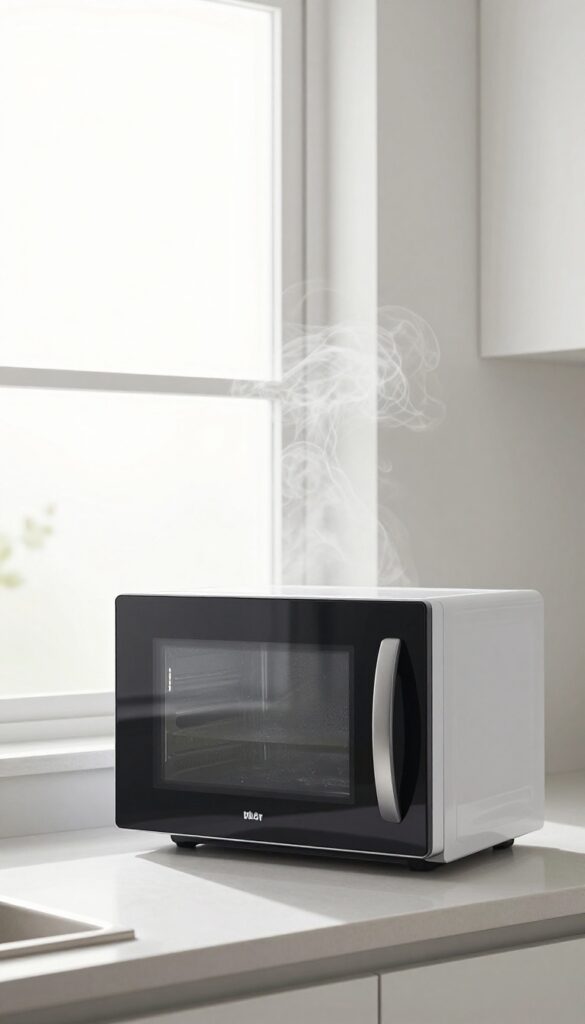 Microwave with steaming vinegar-water bowl inside, steam on glass door, clean kitchen background