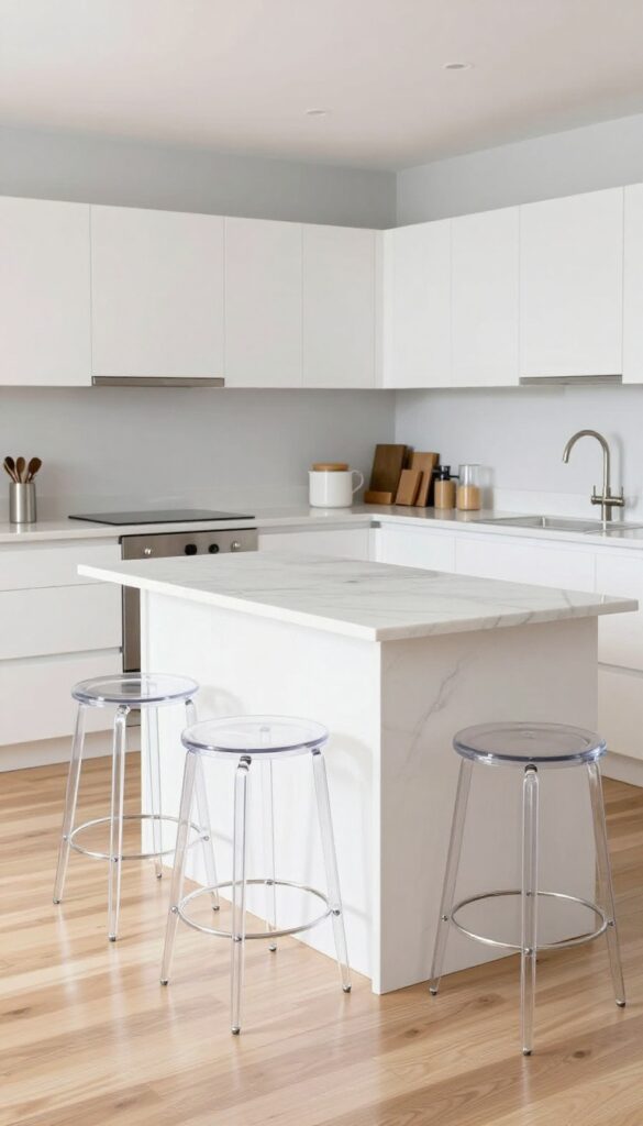 Clear acrylic stools tucked under a white marble kitchen island in a bright, airy kitchen