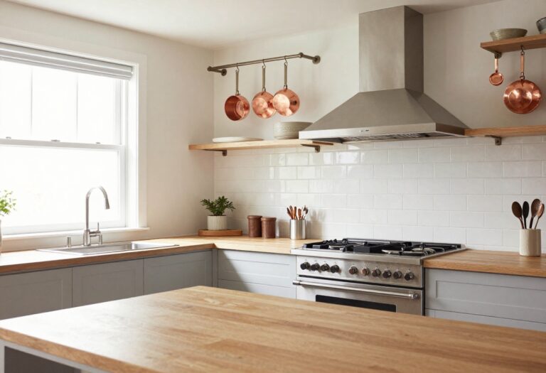 Modern kitchen with stainless steel range, tile backsplash, pot filler, and hanging copper cookware.