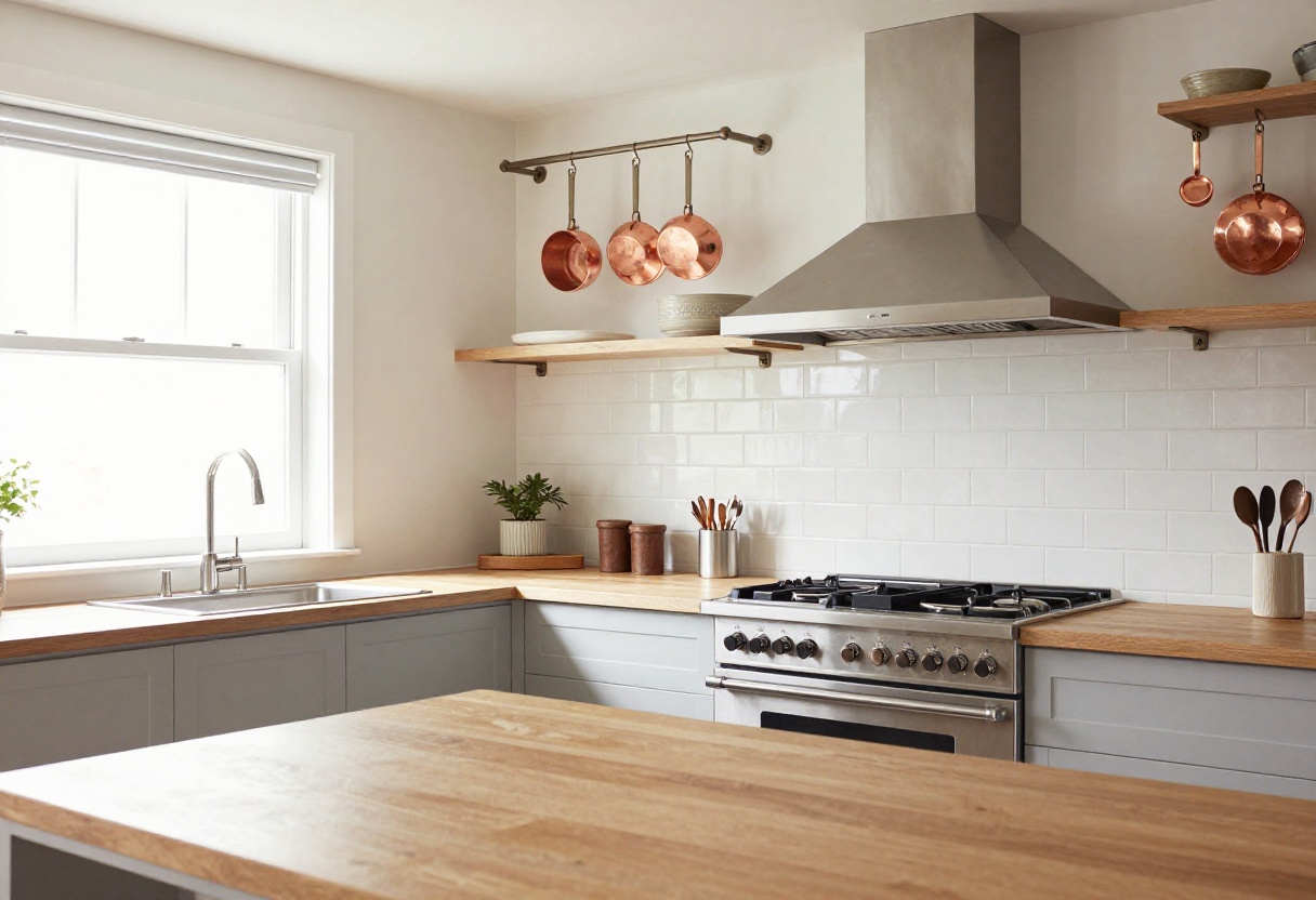 Modern kitchen with stainless steel range, tile backsplash, pot filler, and hanging copper cookware.