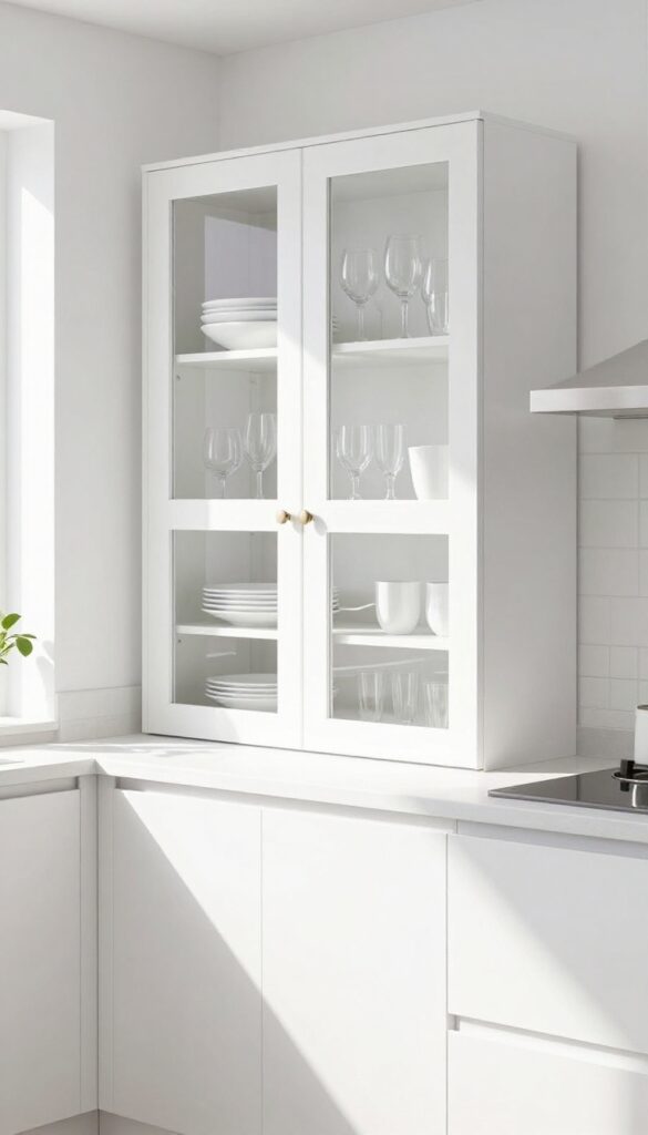 Kitchen with glass-front upper cabinets and solid lower cabinets, bright natural light, white dishes on display