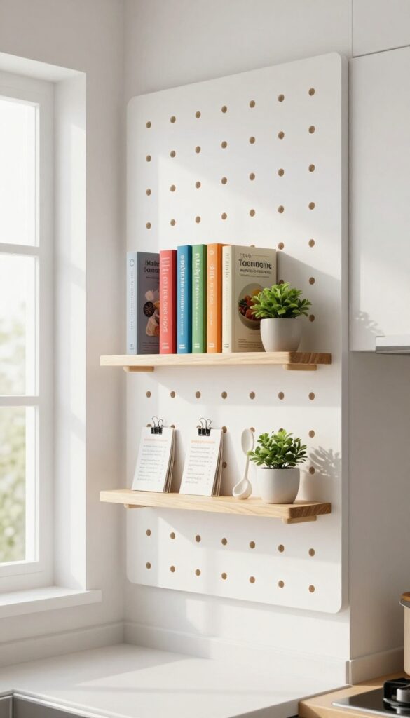 Pegboard with narrow shelf displaying cookbooks and recipe cards in a bright kitchen.
