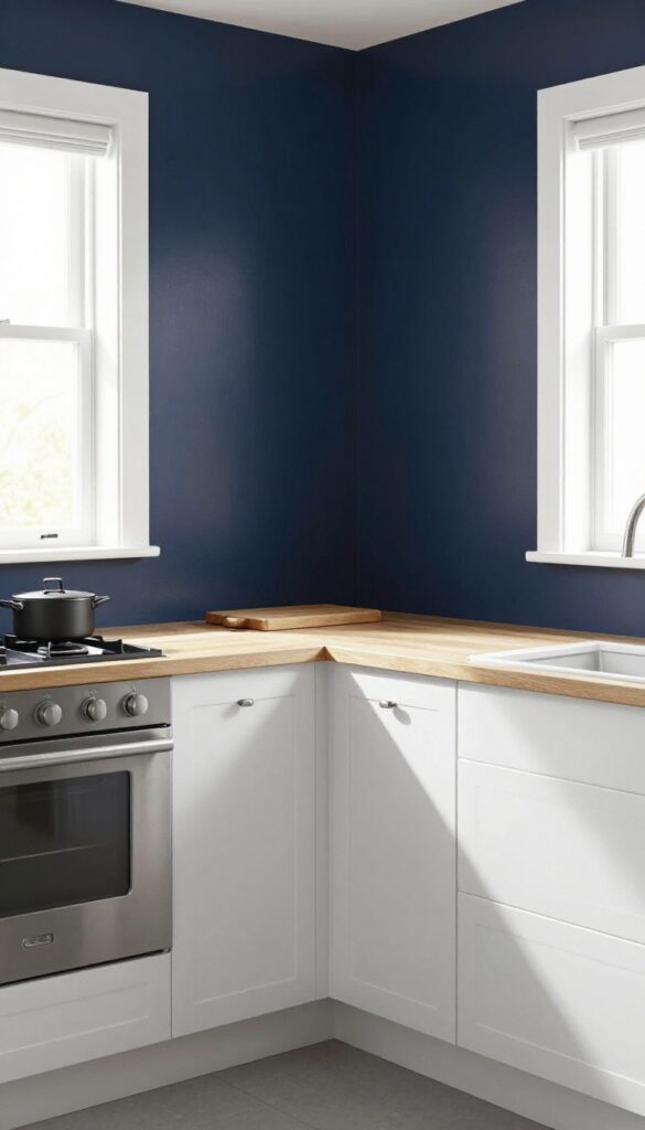 Kitchen range with navy accent wall behind stove, no backsplash, bright natural light