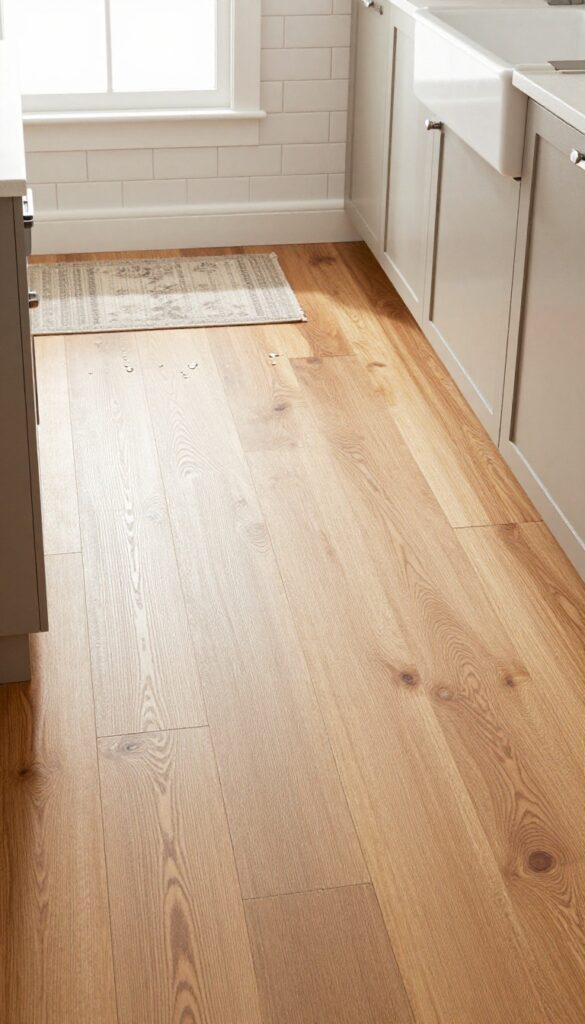 Close-up of engineered hardwood kitchen floor with wire-brushed texture and a neutral rug near the sink, bright natural light, clean and inviting.