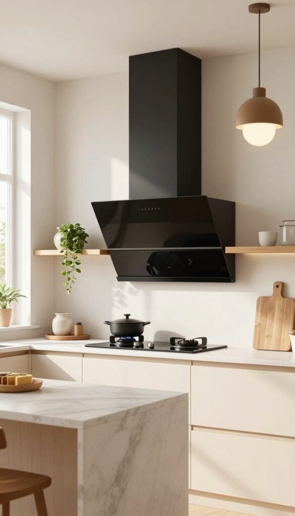 Modern kitchen with light cream cabinets, marble island, and a large matte black arched range hood as a statement piece, with warm wood shelf and pendant light.