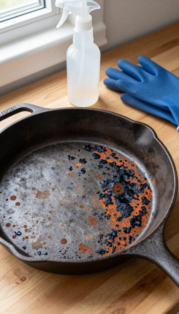 Cast iron skillet with flaking seasoning and rust on one side, stripped bare on the other, with oven cleaner and gloves nearby.