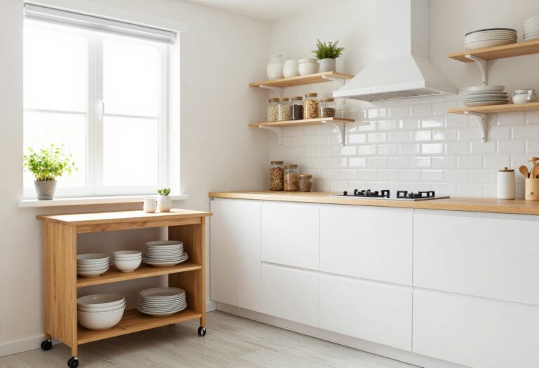 Bright rental kitchen with open shelving, rolling cart, and herb pots on windowsill