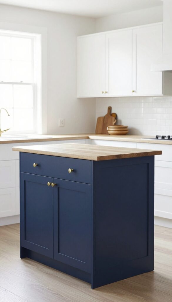 Small kitchen with white cabinets and a navy blue island, butcher block counter, brass hardware, natural light