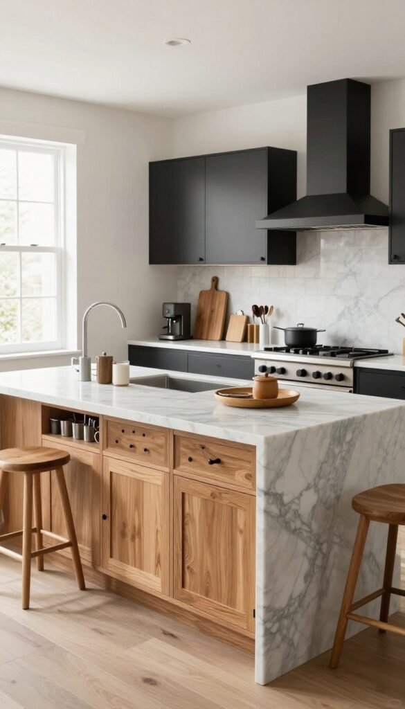 Marble kitchen island with drawer dividers and organized utensils, bright natural light