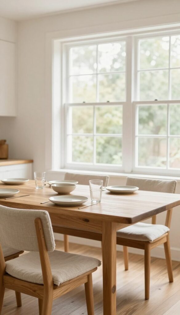 A kitchen dining table with a wooden bench on one side, placed near a window for a relaxed family meal setup.