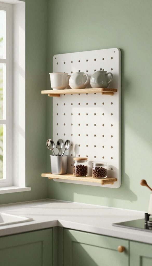 Pegboard wall organizer in a compact coffee corner with mugs, pour-over setup, and storage bins, soft sage green paint, natural light.