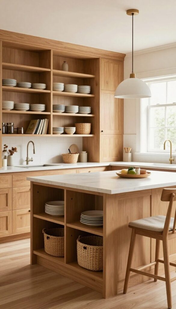 Large kitchen island with open and closed storage and a banquette seating area, warm and lived-in style
