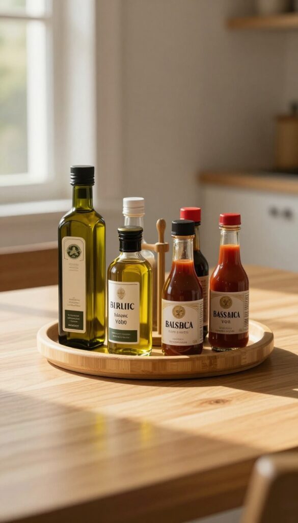 A bamboo lazy Susan on a kitchen table holding condiment bottles in natural light