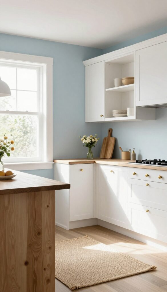Pale blue kitchen walls with white cabinets, open shelving, and natural light